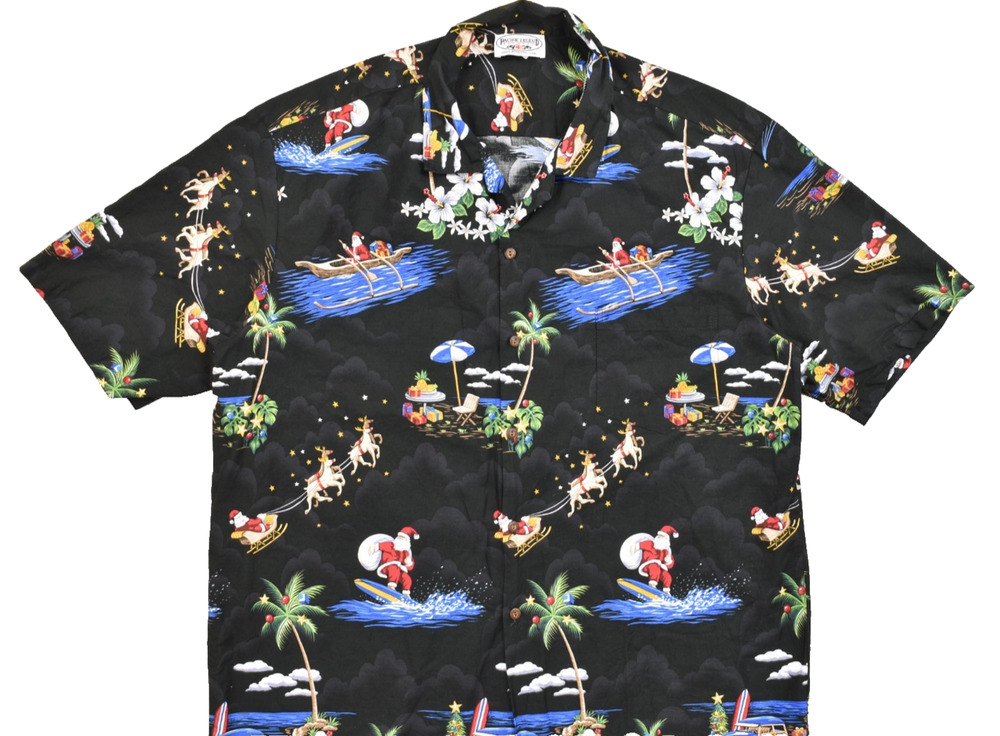 Pacific Legend Hawaiian Shirt Mens 2XL Black Christmas Santa Surfing Reindeer